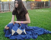 Crochet Granny Squares Tan and Blue Bag, purse, handbag with organza flower
