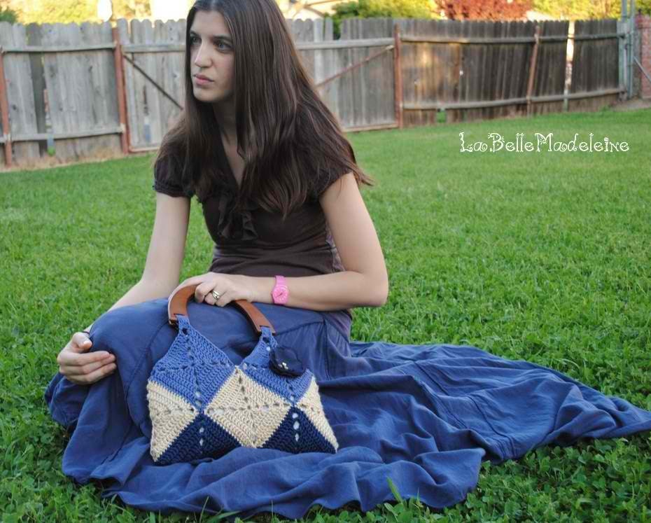 Crochet Granny Squares Tan and Blue Bag, purse, handbag with organza flower