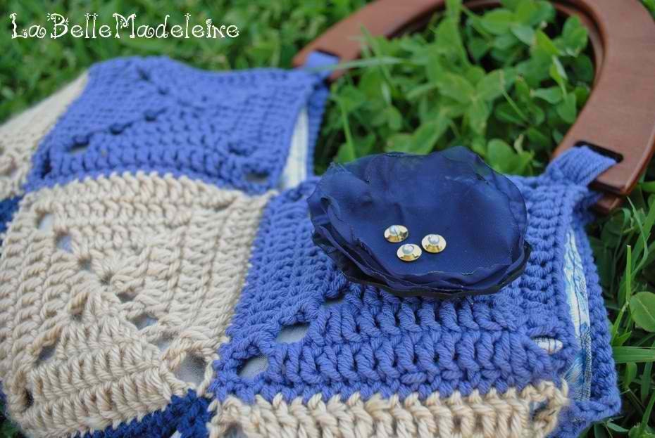 Crochet Granny Squares Tan and Blue Bag, purse, handbag with organza flower