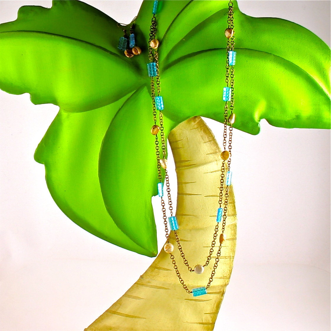 Chain Maille Necklace, Earring Set 2 Strand, Glass Beads, Picture Jasper, Antique Brass