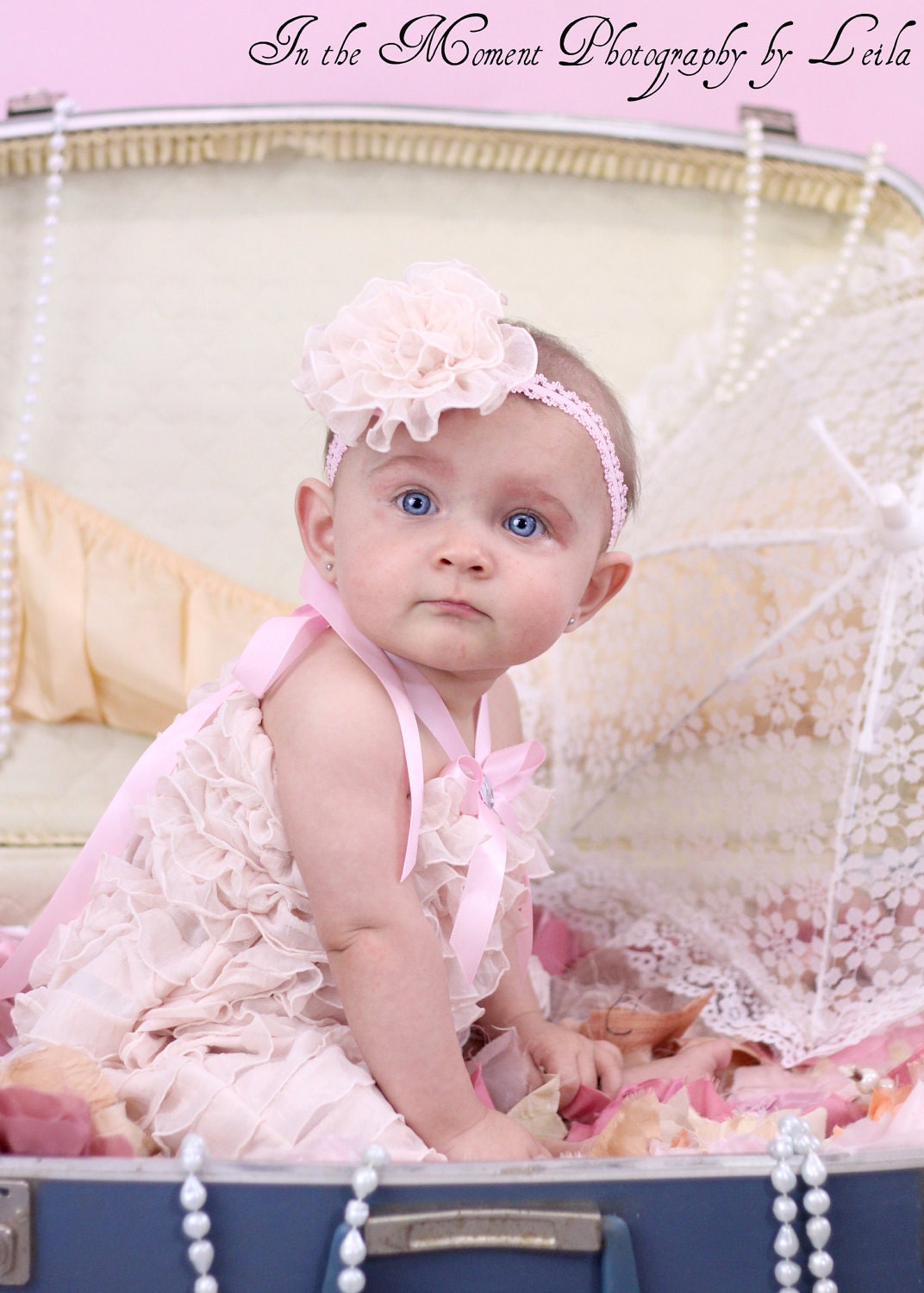 Vintage Creamy Pink Ruffled Bubble Romper with Matching Flower Headband by FabTutus