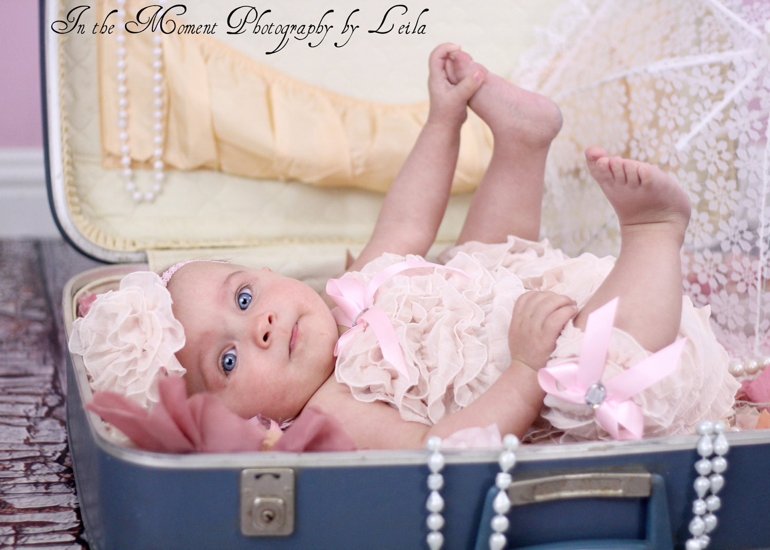 Vintage Creamy Pink Ruffled Bubble Romper with Matching Flower Headband by FabTutus