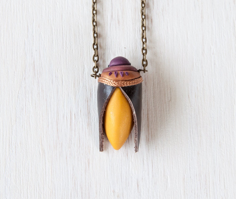 Golden Retro Beetle - handmade clay beetle necklace with leather wings and bronze chain - littlelampsculpture