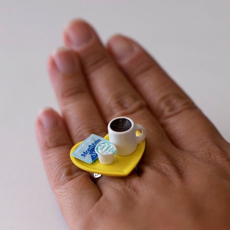 Kawaii Cute Japanese Miniature Food Ring - Coffee on Heart Shaped Plate (Yellow)