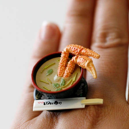 Kawaii Japanese Miniature Food Ring - Miso Soup with Crab Leg