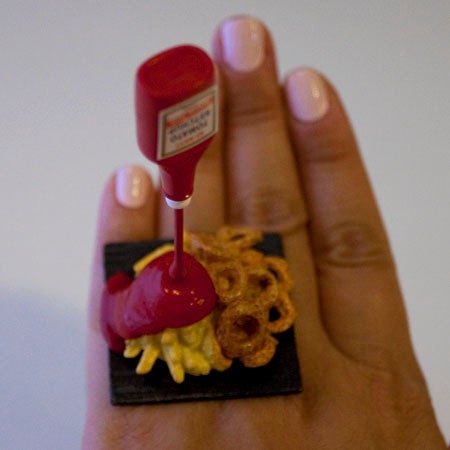 RESERVED for a Special Customer - Kawaii Miniature Food Floating Ring - French Fries and Onion RIngs with Ketchup