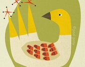 mid century inspired, art print, happy bird. LARGE A3-plus size