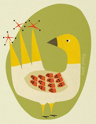 mid century inspired, art print, happy bird. LARGE A3-plus size