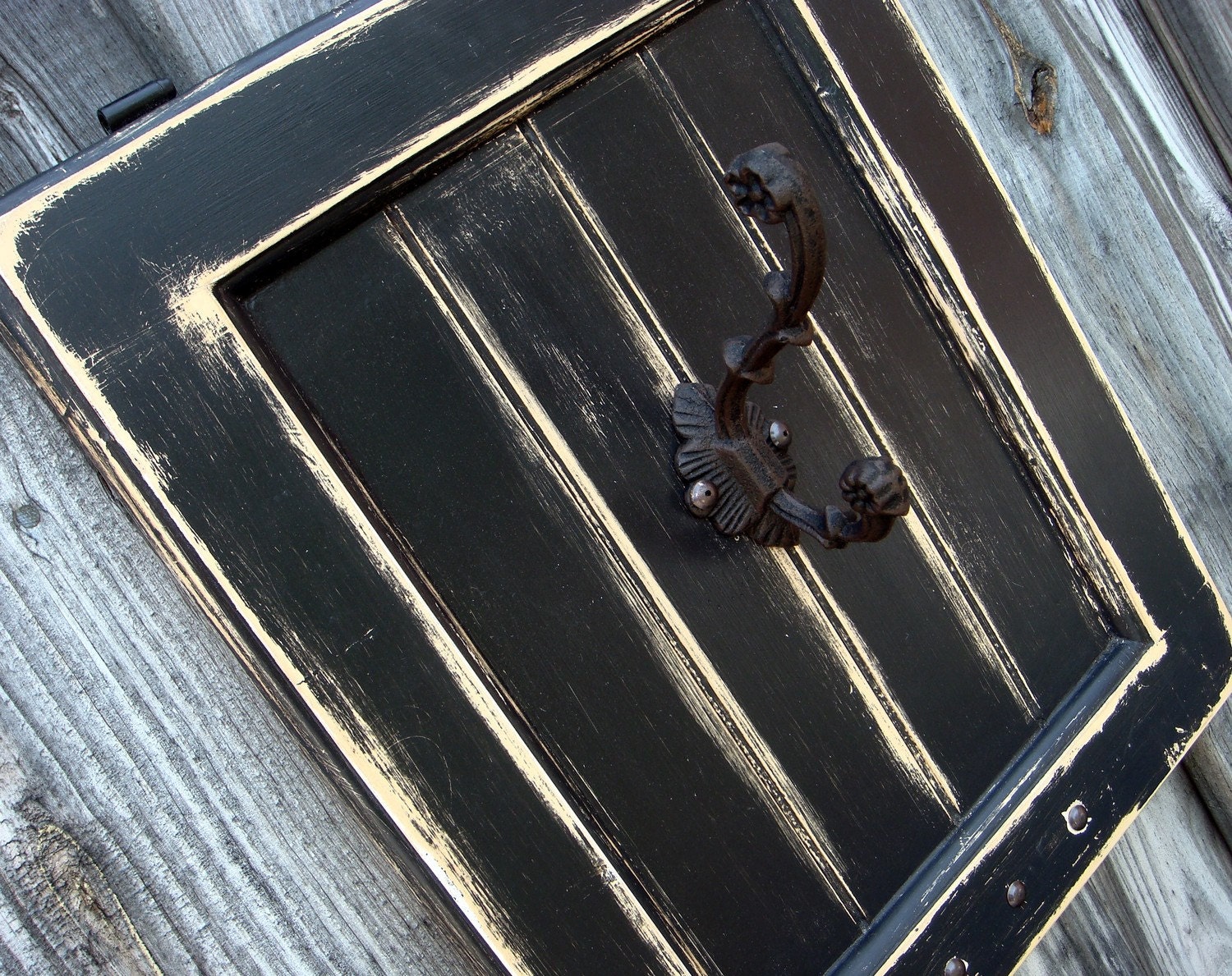 Cast-Iron Wall Hook on Rustic Repurposed Wooden Cabinet