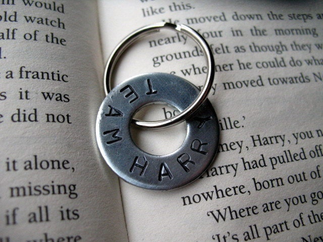 Custom Hand Stamped Hardware Washer Keychain by always greener