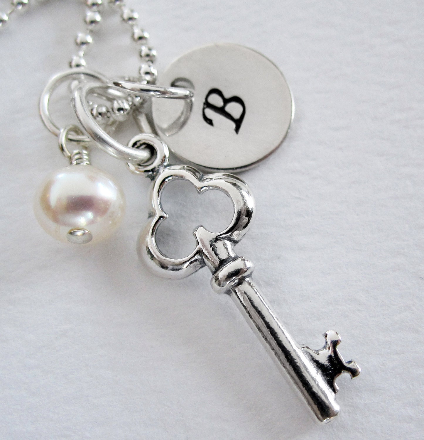 Key To My Heart - Personalized Necklace - Sterling Silver - Hand Stamped - Initial - Birthstone or Pearl