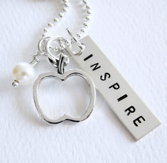 Teacher Gift - INSPIRE Apple Charm -  Personalized Jewelry - Sterling Silver