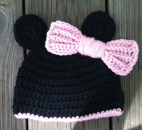 Baby Toddler Girl MINNIE MOUSE Crochet Black Beanie Hat w/Big PINK Bow -- You Pick Size: Newborn to 10yrs
