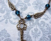 Winged Key  in Blue and Antiqued Brass