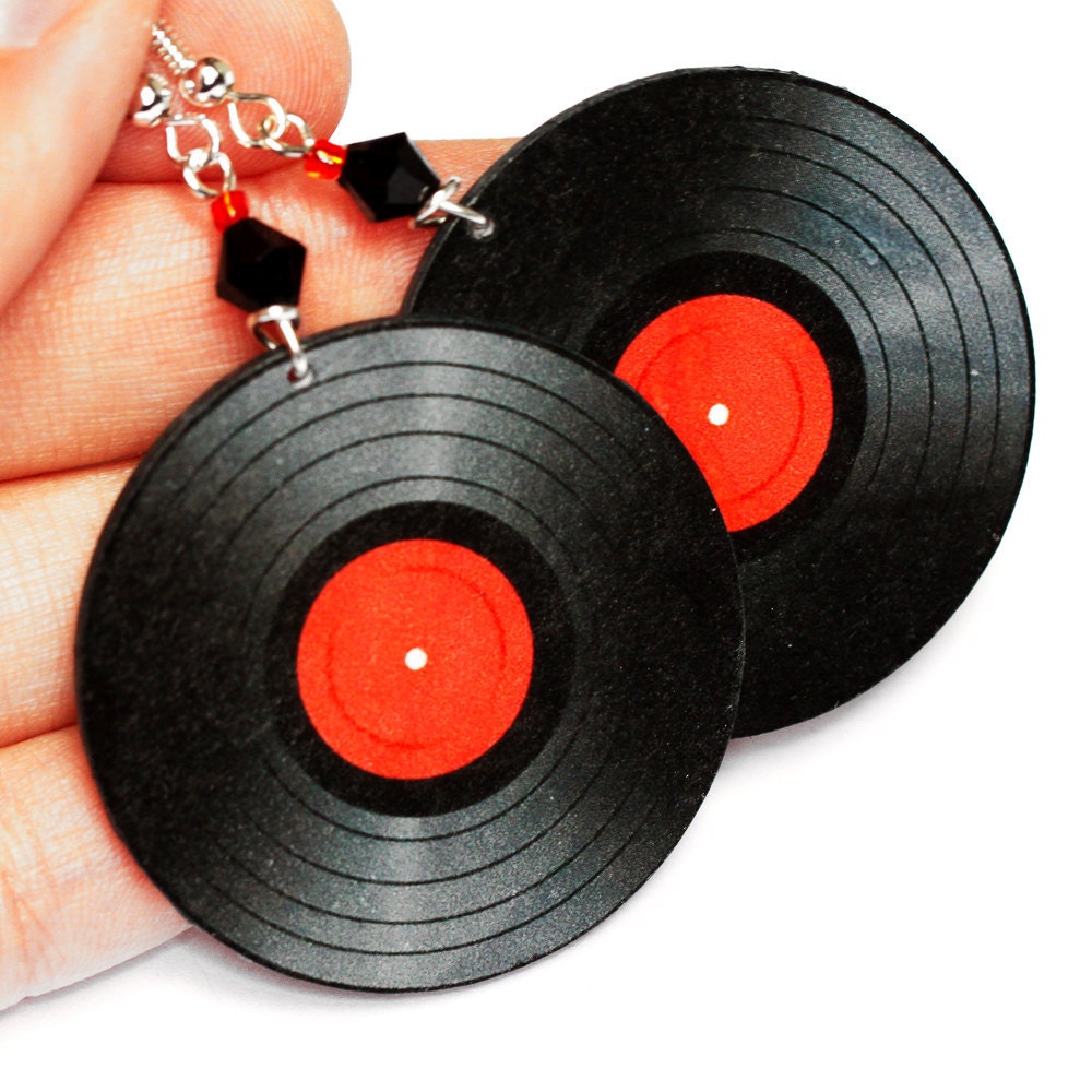 Vinyl record  Earrings Retro funky Round 2 - sided decoupage jewelry Black Red (C2)