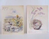 Spring watercolors vintage book pages sheep original book birds nest May vintage bird vintage wildflowers vintage watercolors