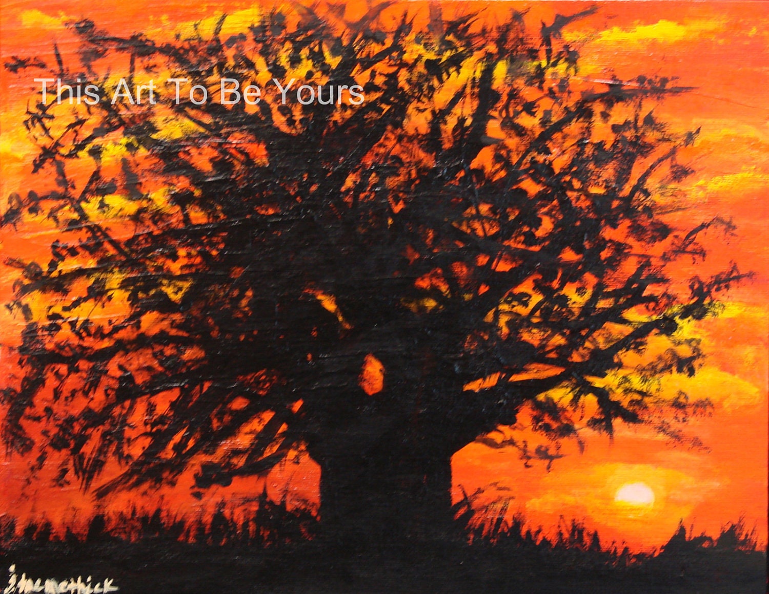 REDUCED PRICE and  SHIPPING.  "Tree Silhouette  in Sunset" original, painting.  Africa, Landscape, red sunset,  Nature painting,