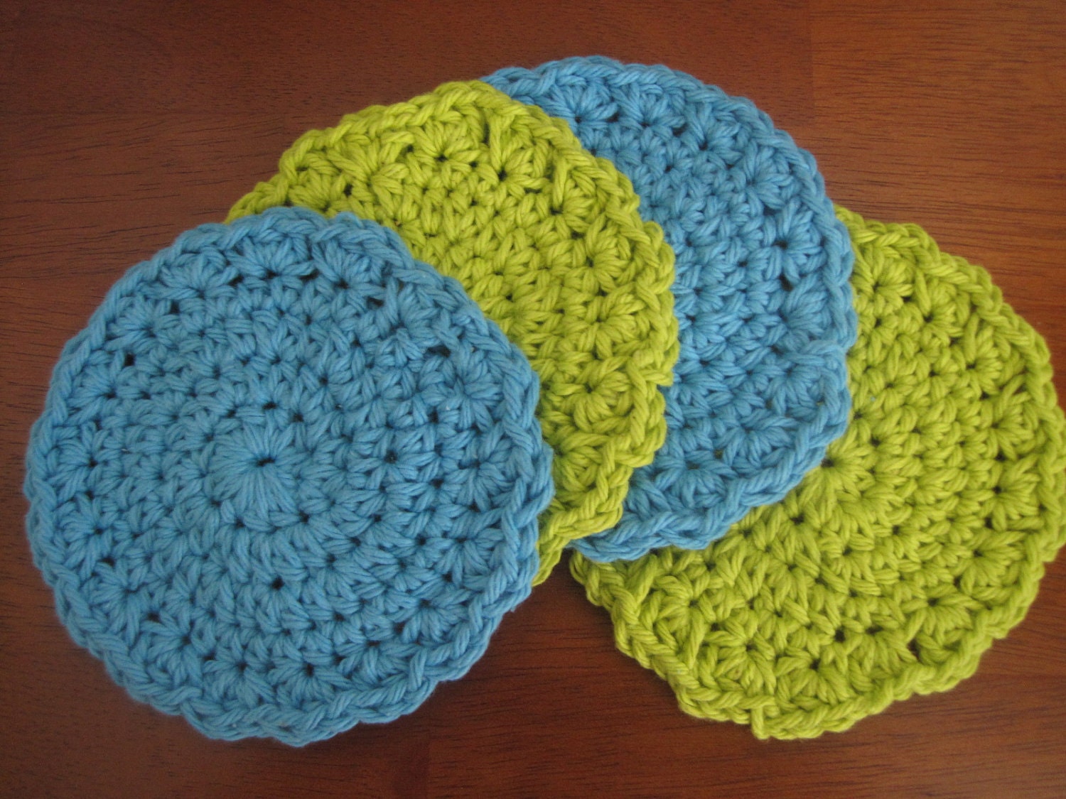 Crocheted Summer Coasters in Blue and Green (Set of Four) - Ready to Ship -