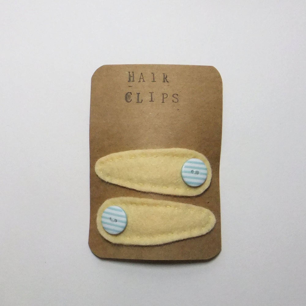 Felt Covered Button Hairclips - Yellow with Blue Stripe