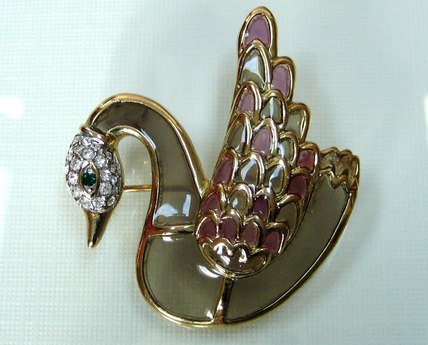 Vintage Swan brooch pin rhinestone plique a jour