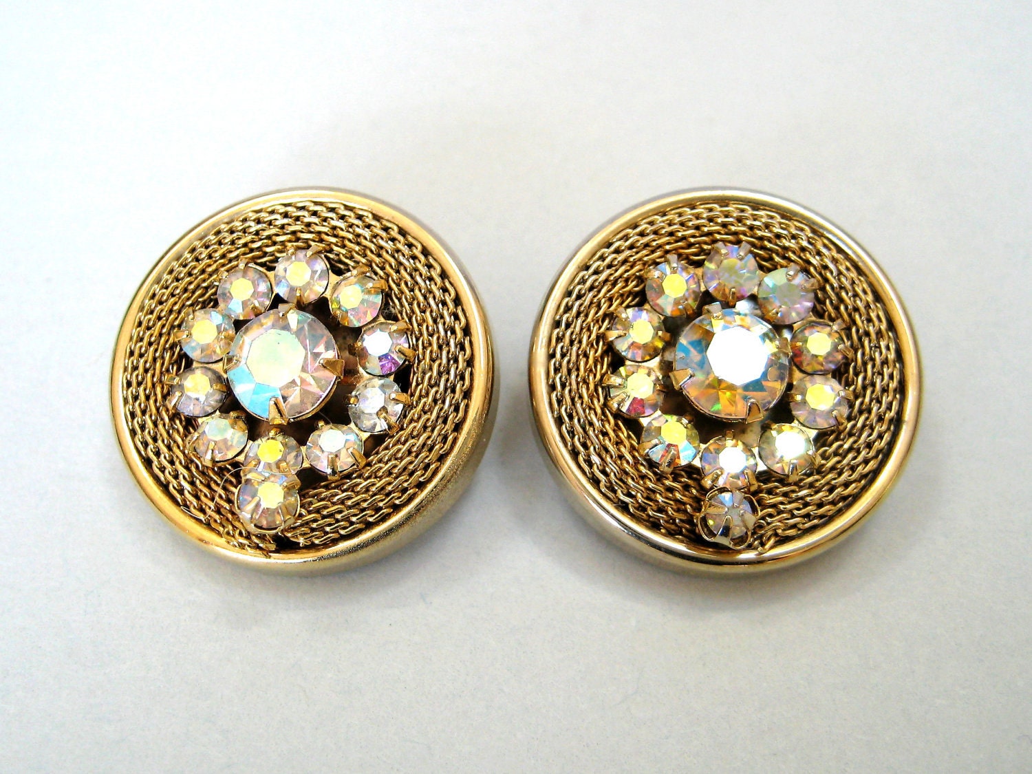 Vintage Mesh aurora borealis rhinestone earrings Juliana style