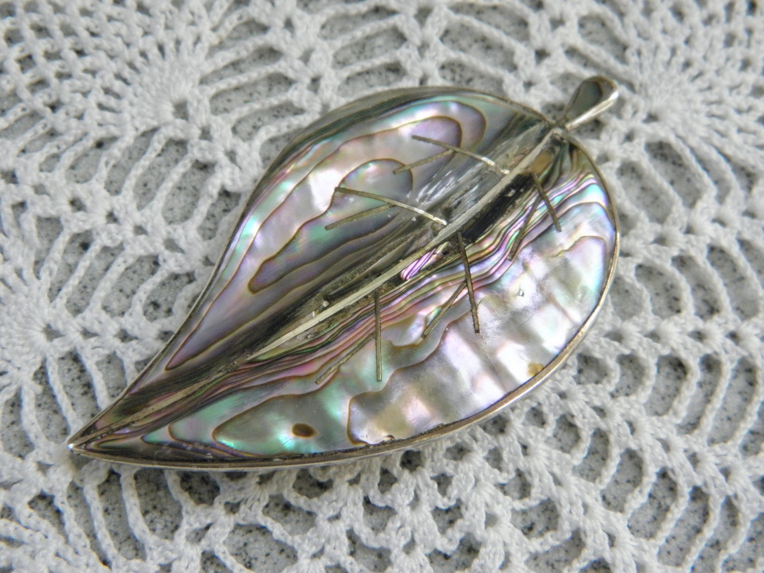 Vintage Sterling Abalone Leaf Brooch, Mexico