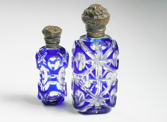 Victorian French Blue cut to Clear Glass Perfume Bottles