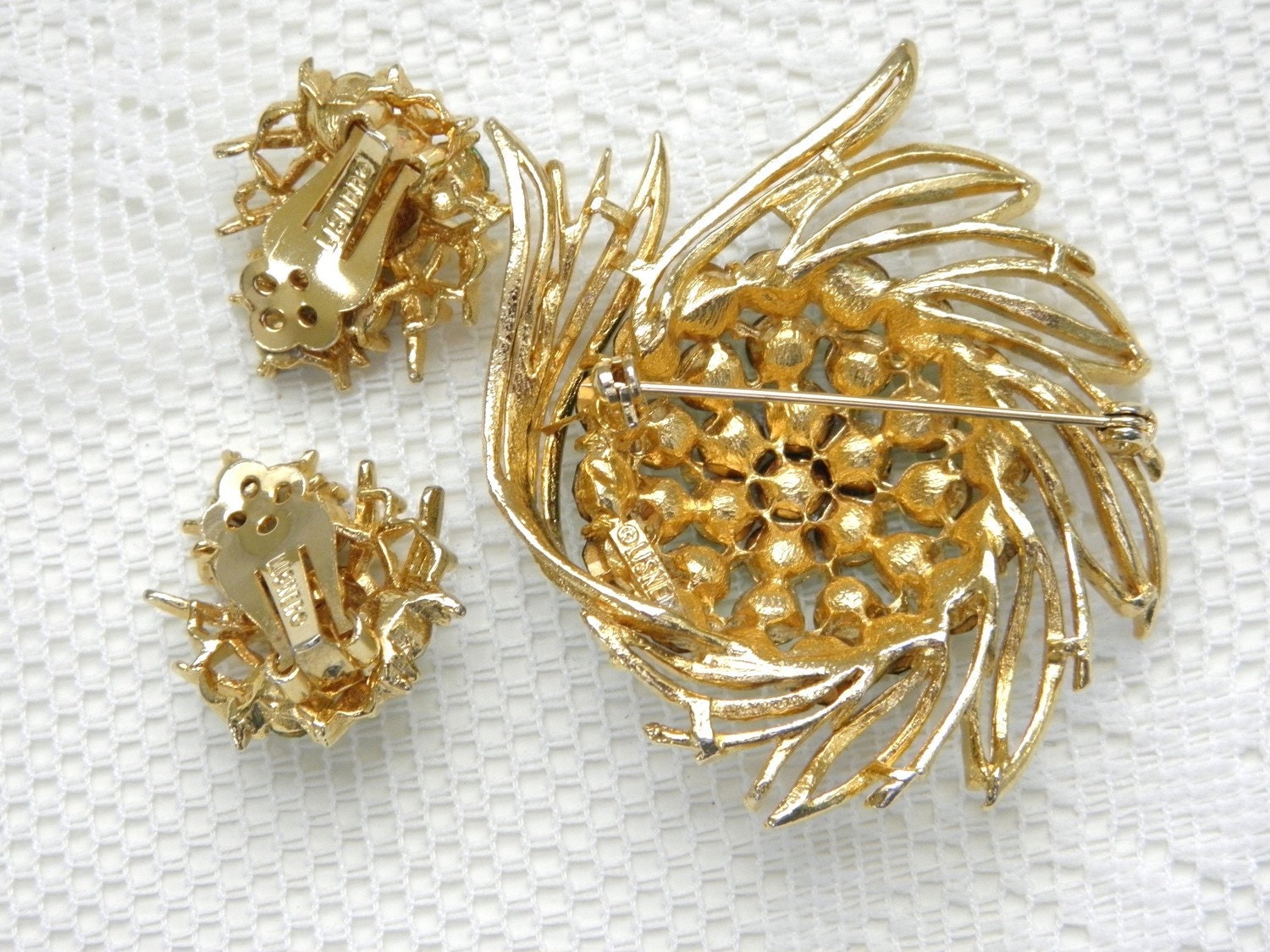 Vintage Emerald Rhinestone Brooch Earrings, Lisner