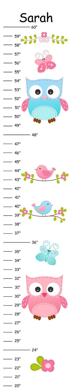 Personalized Pink & Blue Owls and Birds Canvas Growth Chart