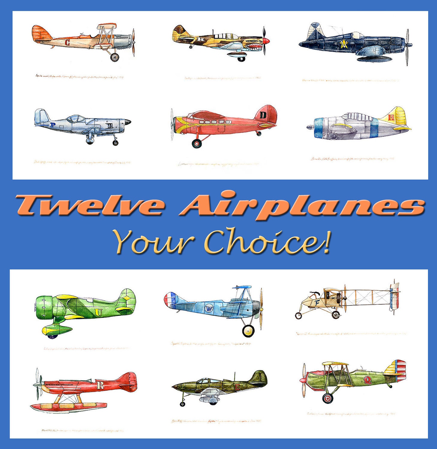 Collection of Twelve 8x10 vintage Airplane prints of your choice