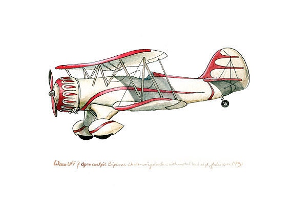 Waco Open-Cockpit Biplane vintage airplane watercolor print, 8x10"