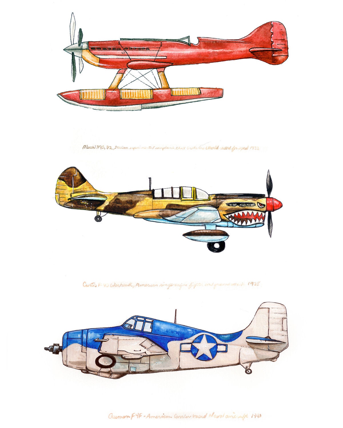 8x10 giclee print featuring three vintage airplanes in red, yellow and blue