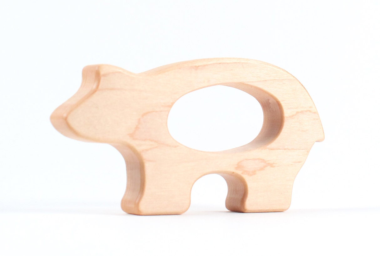 natural black bear wooden teether -  a safe and eco-friendly wood grasping toy, handmade heirloom gift for new parents