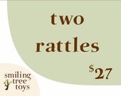 two organic wood baby rattles - natural wooden toys and cute wood teethers, eco-friendly baby shower keepsake gifts