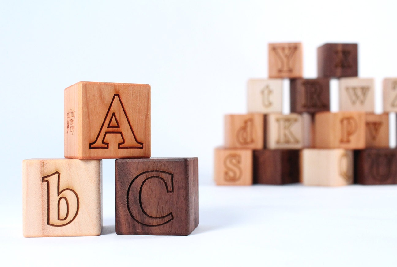 26-piece wooden ALPHABET BLOCK set - natural hardwood letter blocks, an educational and eco-friendly classic gift for boy or girl