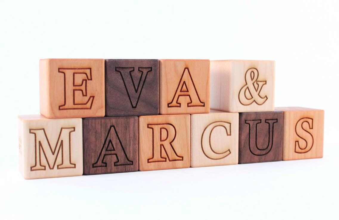 TEN personalized childrens blocks - natural wooden toy, hardwood letter and number blocks, homegrown organic finish