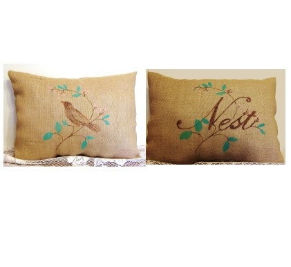 Pair X LG Burlap Pillows- Rustic Pair- Hand Painted- Home Decor- Porch Pillows-Deck Pillows- Decorative Pillows- Burlap