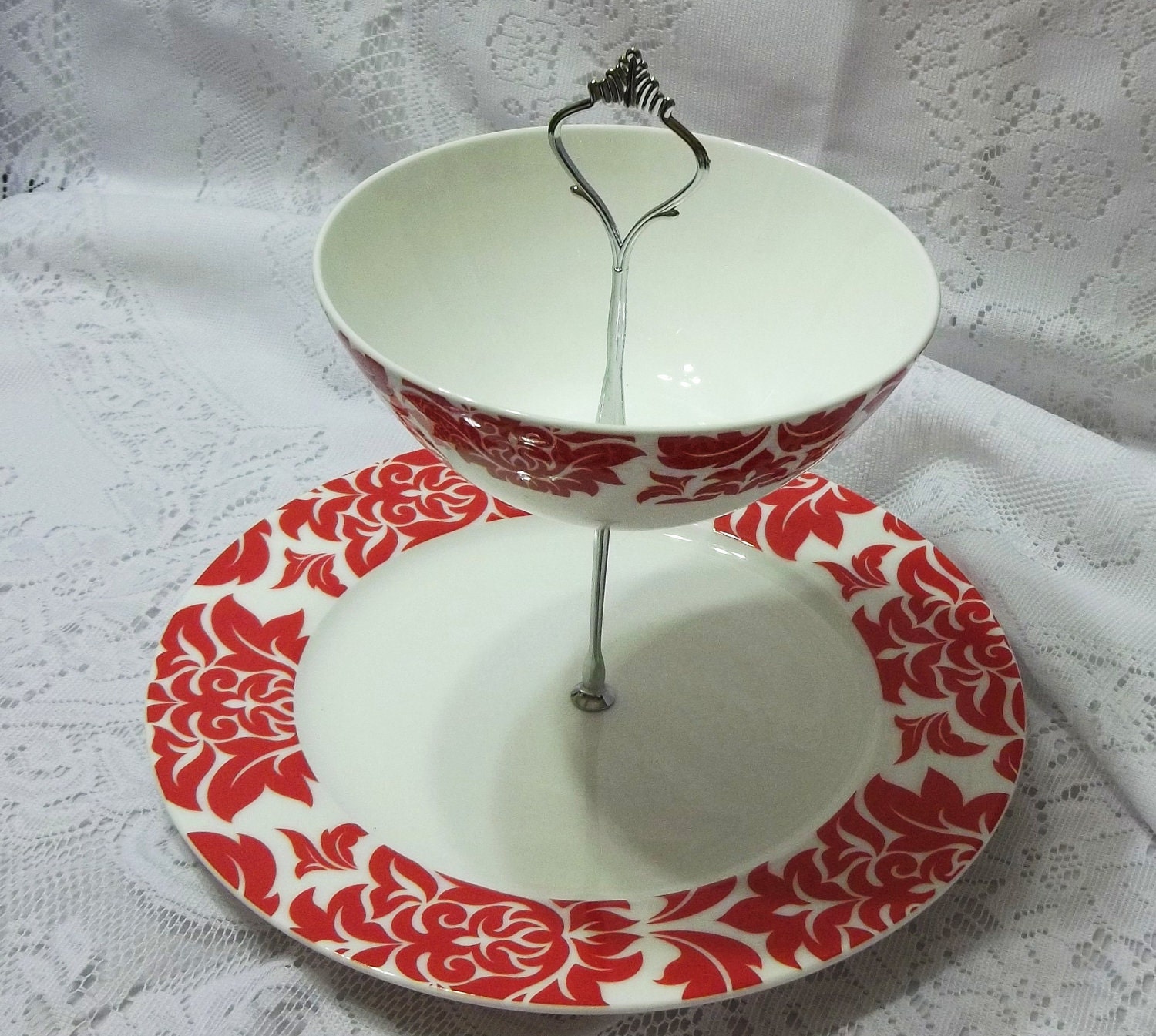 Entertaining With One of a Kind TwoTier Serving Stand--  Modern Red- Tea Table- Dessert Tray, Wedding
