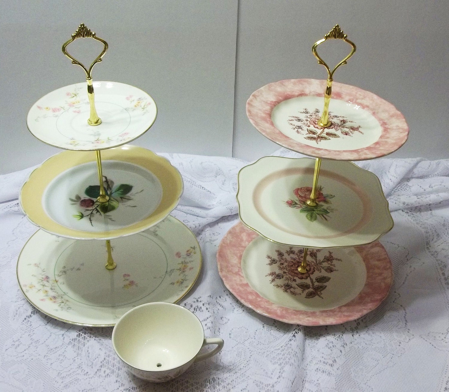 Entertaining Dreams of Yellow Three Tier Serving Stand With Vintage Dishes for the Wedding Sweet Table, High Tea- Luncheon- Dinner Desserts
