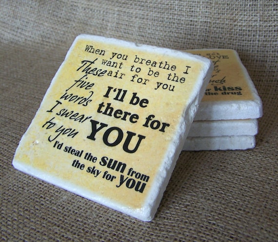 Set of Four (4) Tumbled Marble Stone Coasters - Bon Jovi - Rock - Music Lyrics - Song - Rustic Style Coasters