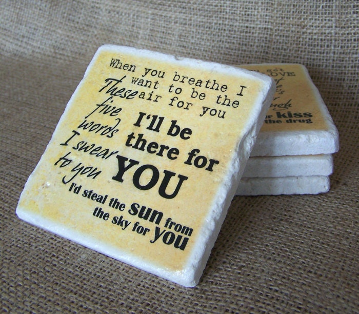 Set of Four (4) Tumbled Marble Stone Coasters - Bon Jovi - Rock - Music Lyrics - Song - Rustic Style Coasters