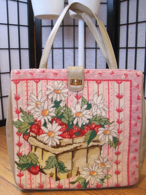 Vintage 1960s Tote Bag Purse Needlepoint Vinyl Leather Flowers Pink Red Green White Yellow Orange Beige Taupe Basket  Strawberries Handbag