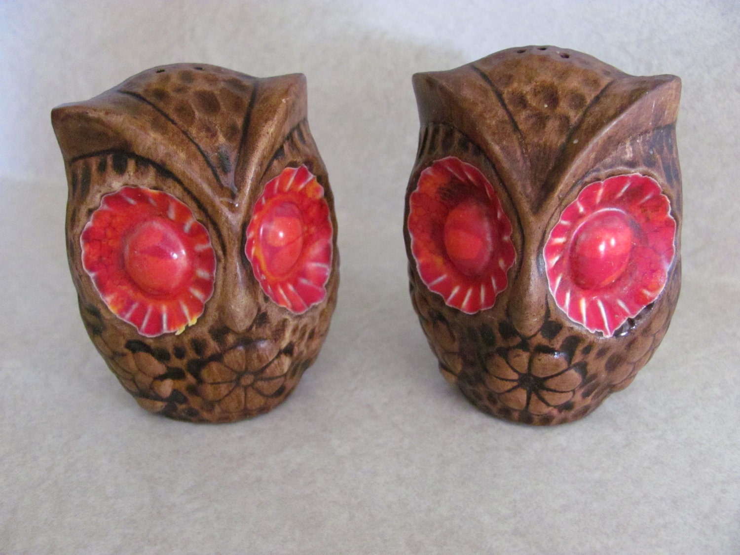 1970's Pair Salt and Pepper Shakers Owls with Red Eyes Treasure Craft