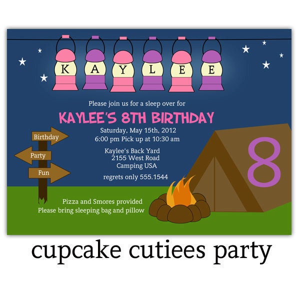 Girls  Sleep over Camping   Digital Custom Invitation Card Printable  u pRiNt