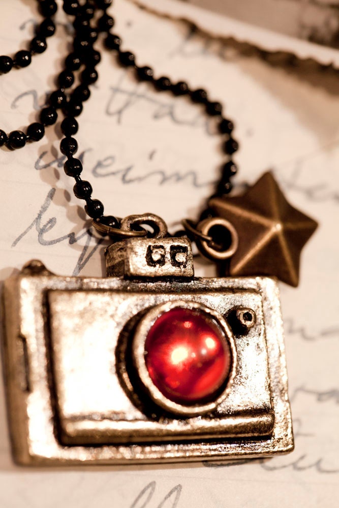 Huge Camera Pendant . Star . Black Ball Chain . Photographer