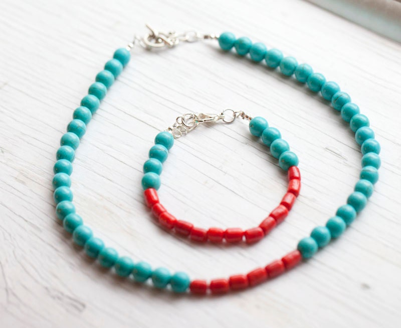 Turquoise Necklace . Red coral bead . Toggle clasp . Spring . Teal
