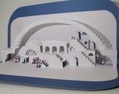 Pop Up 3D MEDITERRANEAN Scenery of  a VILLAGe under a Bridge in White and Blue ORIGINAL Origamic Architecture Model Home Décor, OOaK Signed.