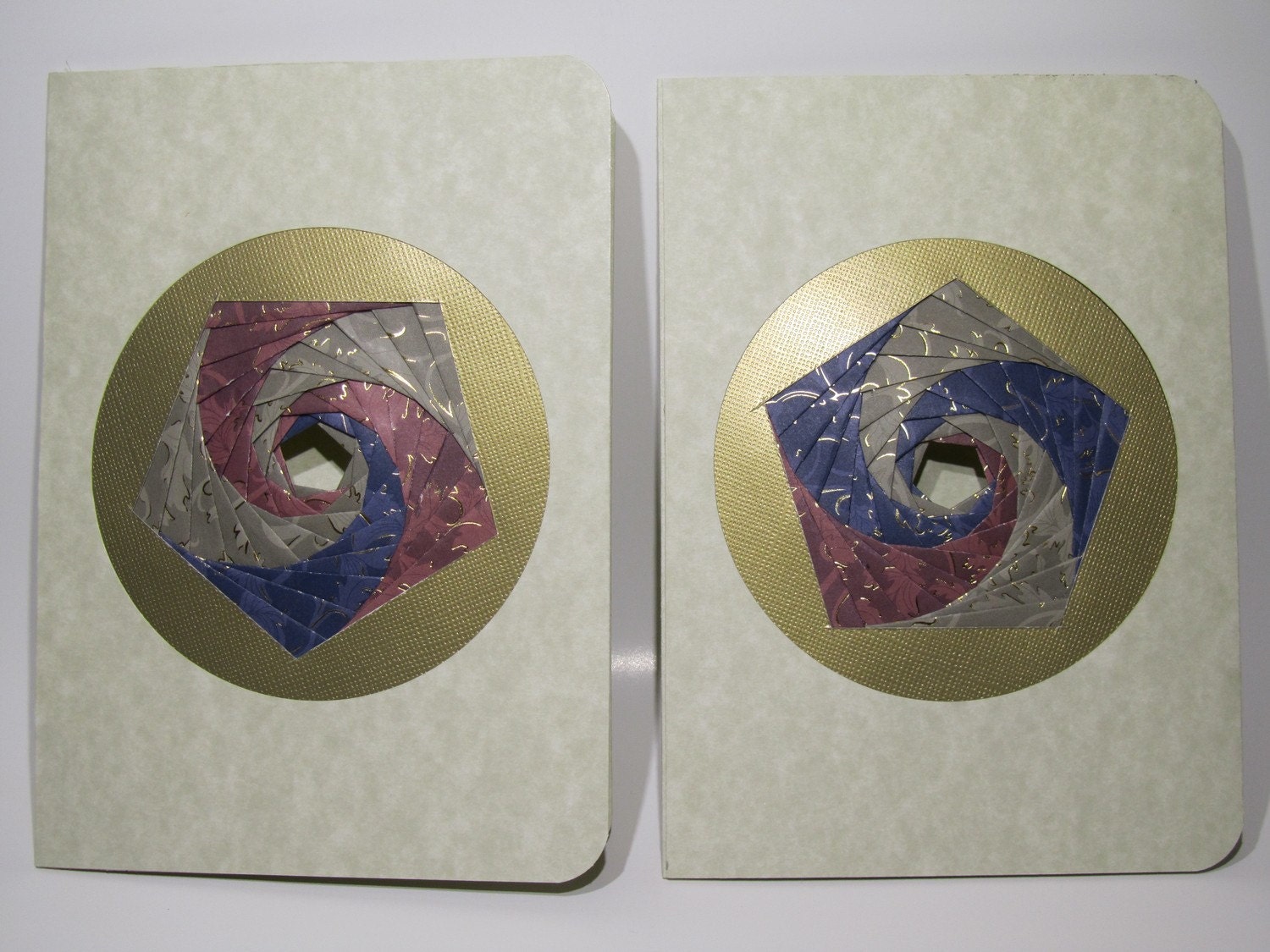 VALENTINE Greeting Cards Handmade with Spectacular Pentagon Shaped Iris Folding in Shades of Silver Blue and Maroon Gold Embossed Paper OOAK
