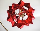 MOTHERS Day Gift Home Décor Modular 3D Origami Star Ball, HANDMADE in Shimmery Metallic Red Paper on Gold Tone Ornament Stand OOAK