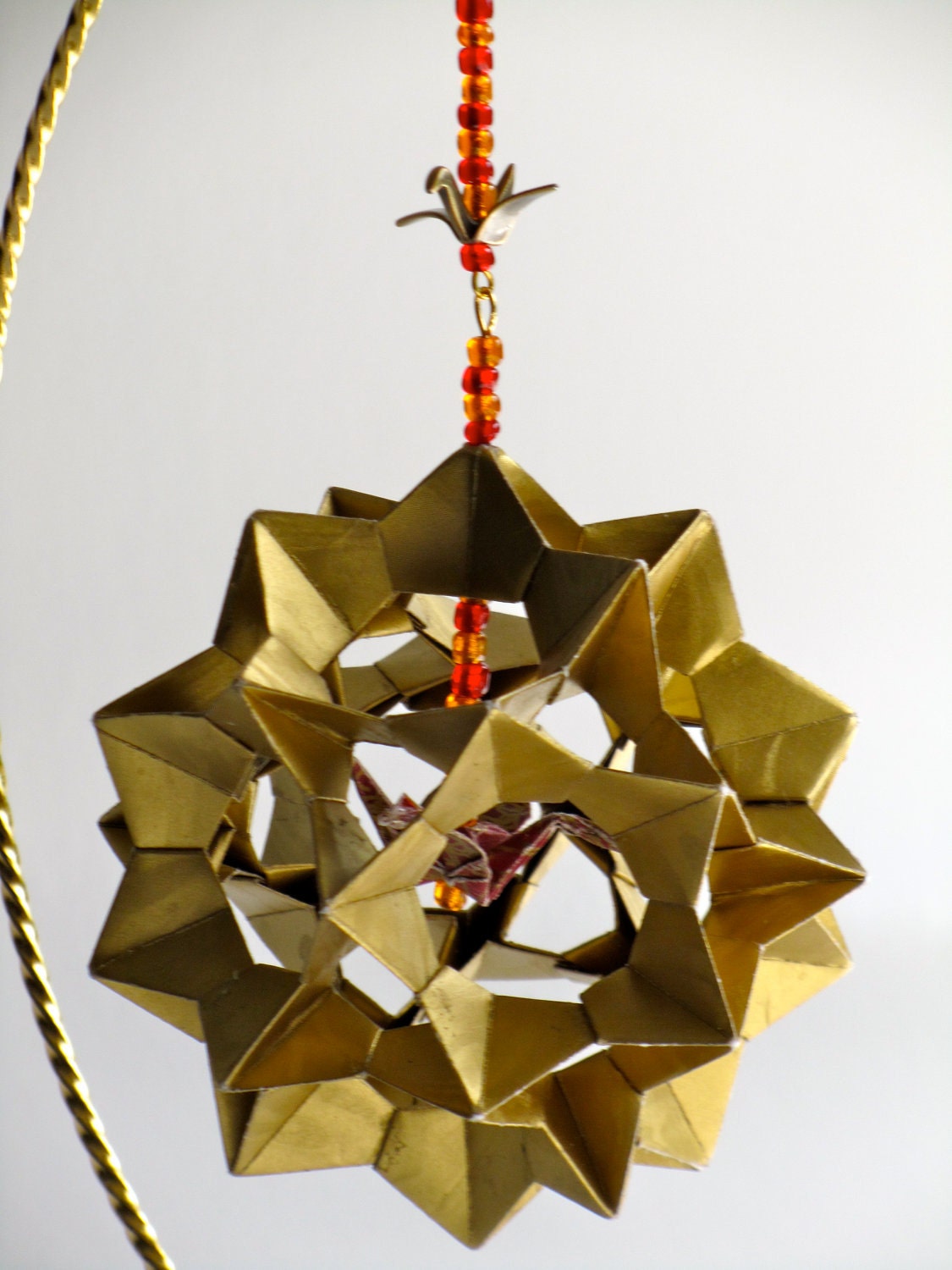 Ornament Decoration Home Décor 3D Modular Origami Handmade in Gold Metallic With a Burgundy Crane, on Ornament Stand One Of A Kind OOAK